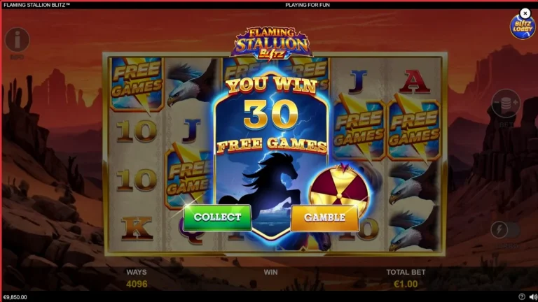 Visual Flaming Stallion Blitz dengan latar belakang gurun dan simbol kuda api