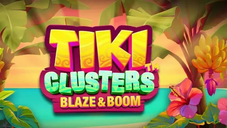 Tiki Clusters Blaze & Boom slot gameplay dengan latar belakang pulau tropis yang mencekam