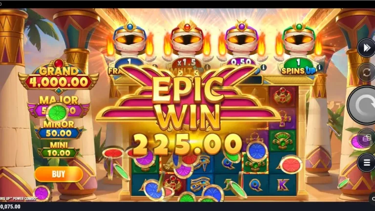 Tampilan antarmuka seluler slot Mummy Mania Perks Up Power Combo dengan empat mumi penjaga di atas gulungan.